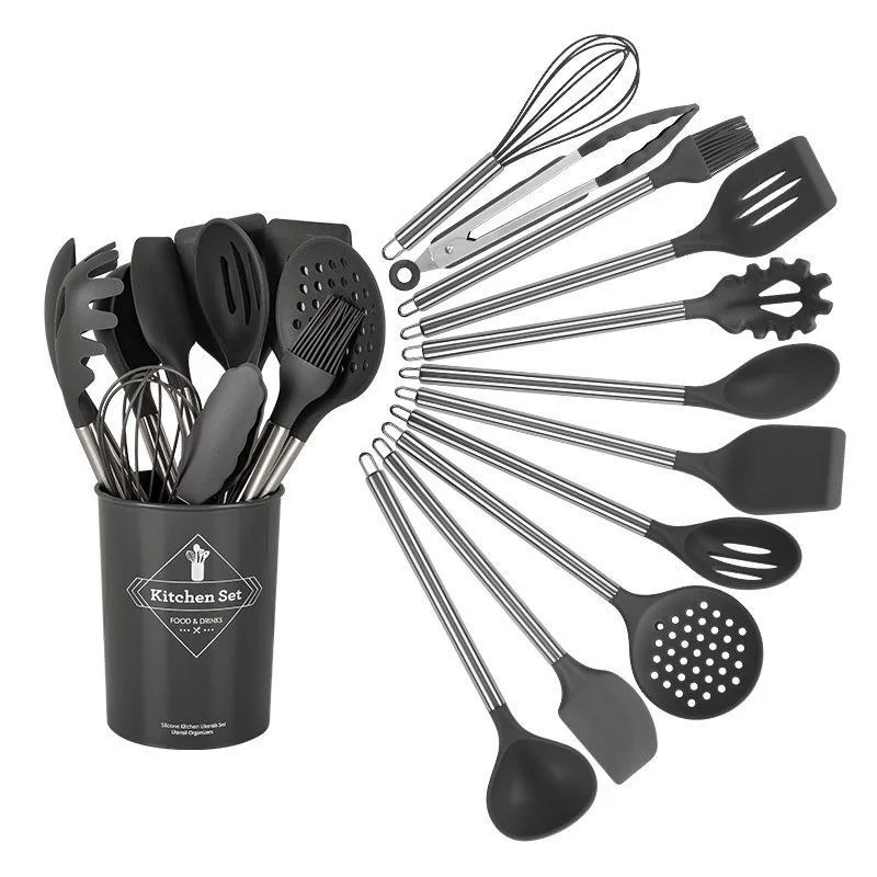 Stainless Steel Handle Kitchen Tool Set Bakeware Spatula Spoon Kitchen Implements Non-Stick Silicone Cooking Utensil Kitchen Gadget Silicone Kitchen Utensils